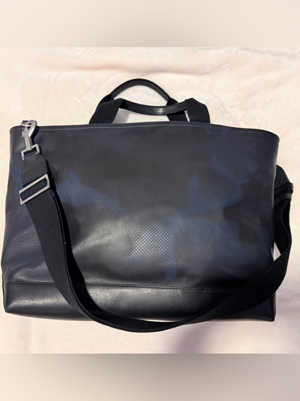 Jack Spade Leather Weekender Travel Bag Black/Navy Camo Laptop Work Bag - Picture 5 of 11
